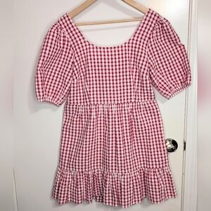 LOFT Petites Red Gingham Puff Sleeve Dress Bow Front | 10P